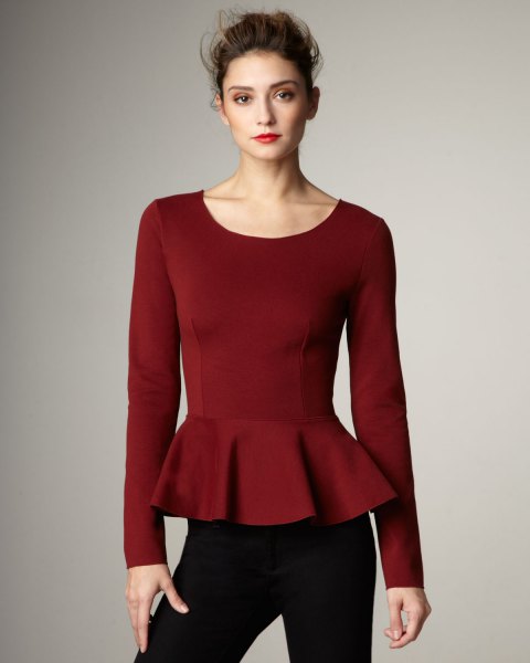 Burgundy long sleeve shirt with black jeans