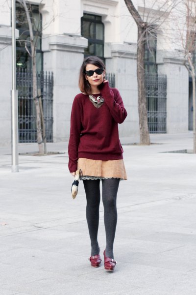 Burgundy sweatshirt with pink lace mini skirt