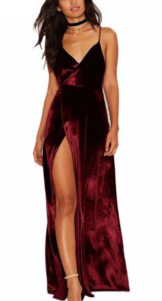 Burgundy velvet maxi dress with slit and black choker