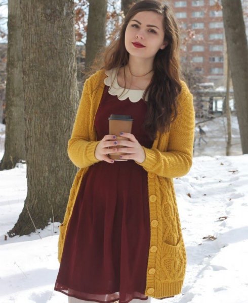 Long cable knit sweater and flared mini dress in burgundy chiffon