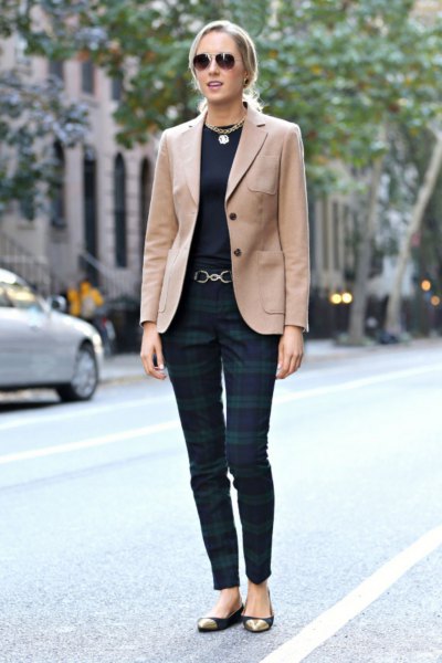 Camel blazer with black t-shirt and navy check pants
