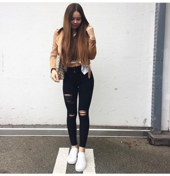 Camel blazer with cropped white blouse and black ankle-length skinny jeans