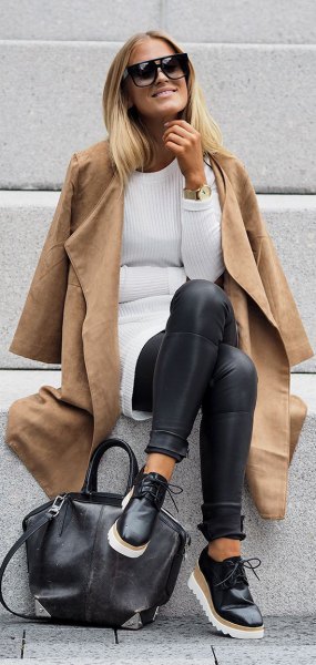 Long camel faux leather coat with ribbed tunic sweater and leggings