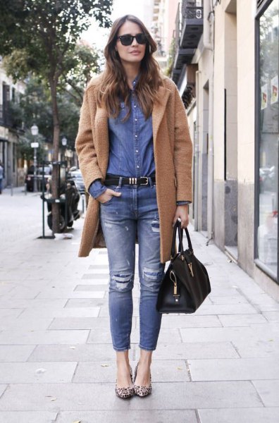 Camel fleece coat with blue chambray shirt and jeans