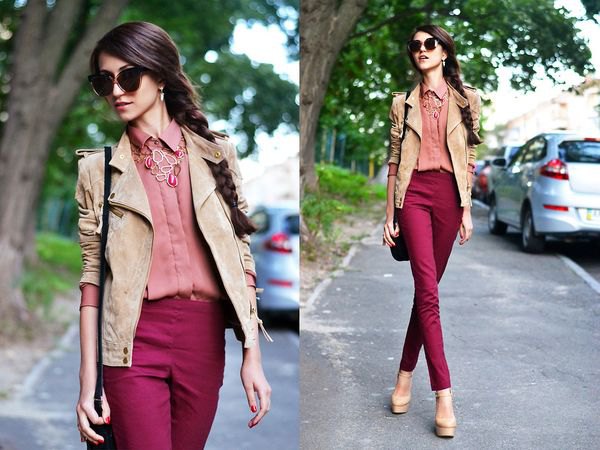 Camel suede blazer with pink shirt and maroon high waisted jeans