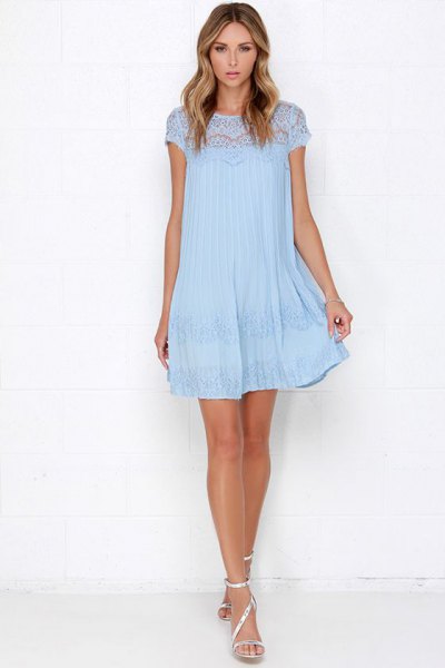 Light blue lace mini swing dress with cap sleeves