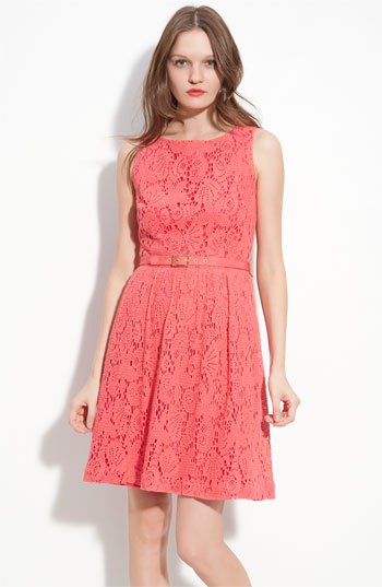 Carol sheath mini lace dress with belt and pink heels
