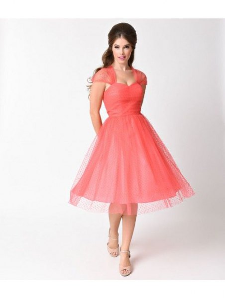 Carol Blush Pink flared midi cocktail dress with a sweetheart neckline