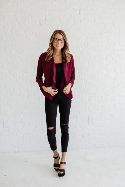 Casual blazer with black tank top and ripped skinny jeans