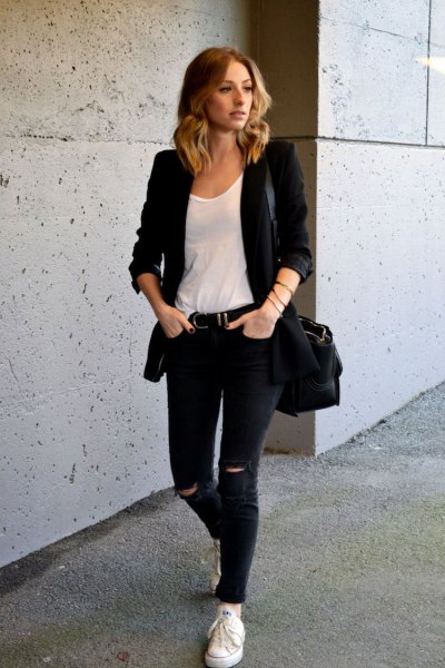 Casual jacket with a white scoop neck top and black jeans