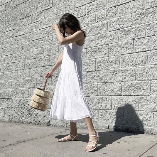 Chiffon maxi swing chiffon dress with white lace up sandals