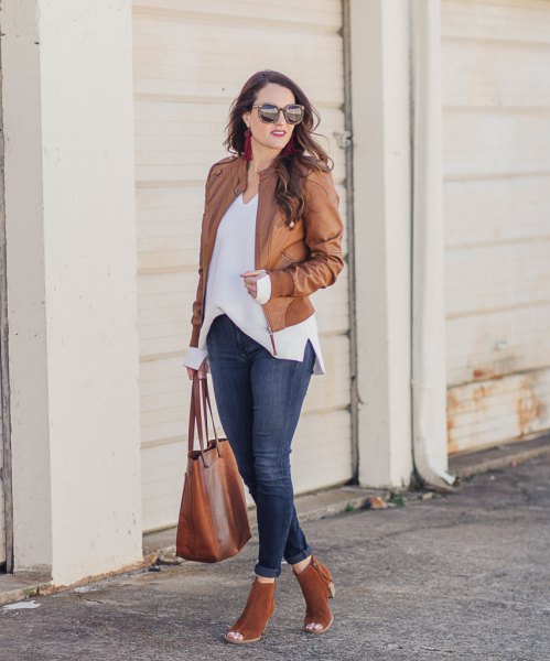 Oversized chiffon blouse with leather jacket and camel suede open ankle boots