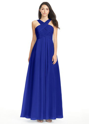 Royal blue maxi dress with a crossover neckline and a flared silhouette