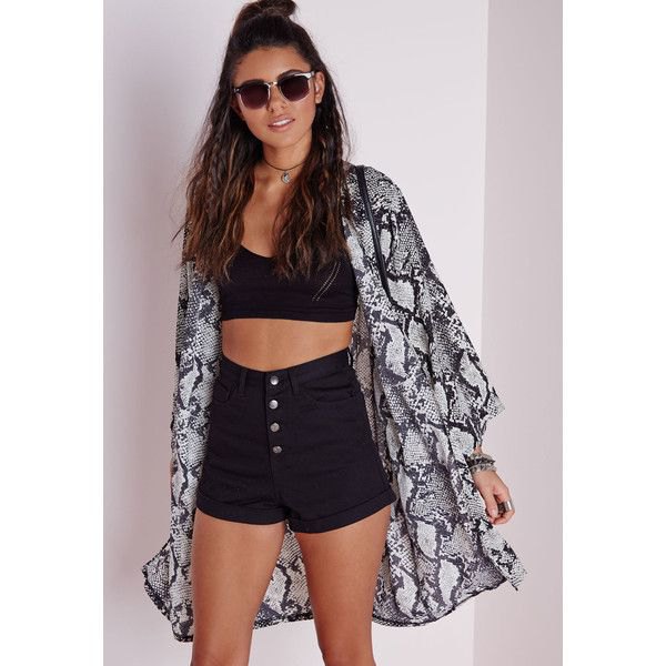 Crop top with button front, black high rise shorts and printed kimono cardigan