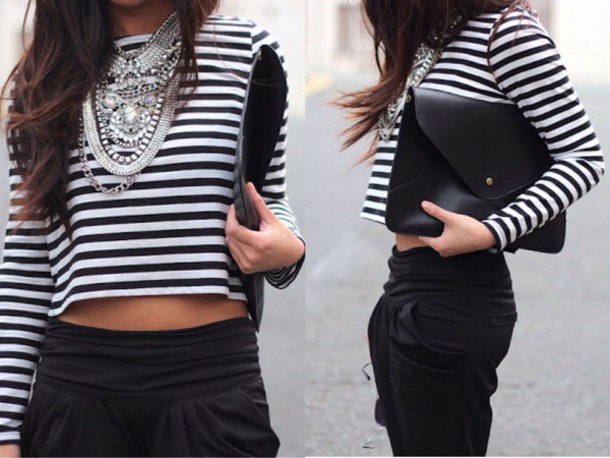 Cropped long sleeve striped t-shirt worn with black cropped chinos