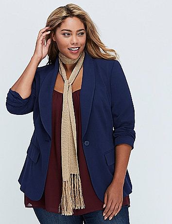 dark blue blazer with gold sequin fringe scarf and skinny jeans