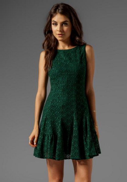 Dark green sleeveless flared mini dress