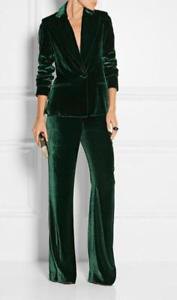 Dark green velvet suit jacket with matching wide leg trousers