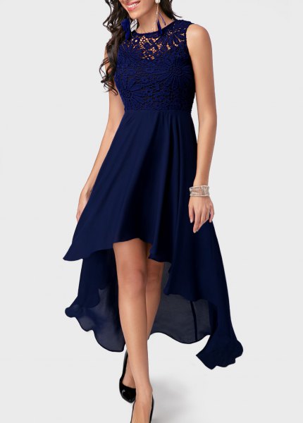 Navy blue high-low midi flare cocktail dress