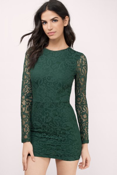 Deep Green Lace Long Sleeve Bodycon Mini Dress
