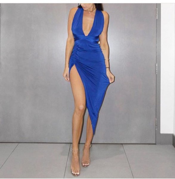 Blue bodycon midi dress with a deep V-neckline and a high
slit