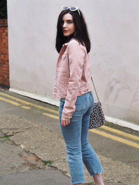 Denim jacket with light blue cropped mom jeans