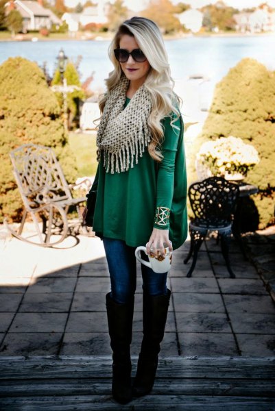 Emerald long sleeve peplum top with fringed infinity scarf