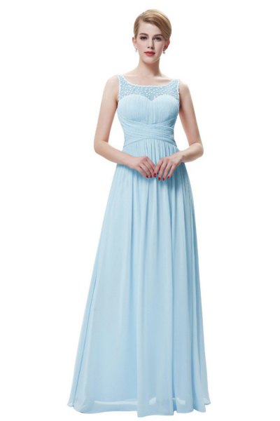 Light blue flared fitted sleeveless chiffon long dress