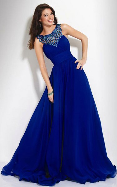 Dark Royal Blue Floor Length Flowy Flare Fit Dress