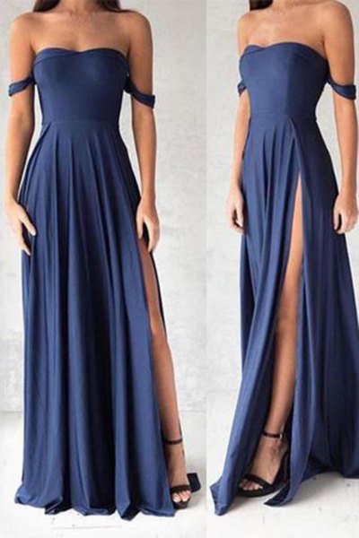 Navy blue fit and flare maxi dress with open black heels