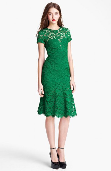 Fit and flare midi lace dress with scalloped hem