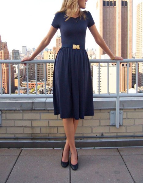 Navy fit and flare midi dress with rounded toe heels