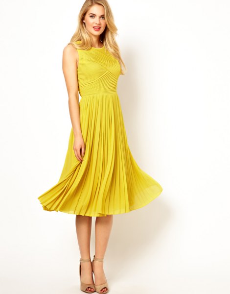Fit and flare midi dress with pleats and open toe heels