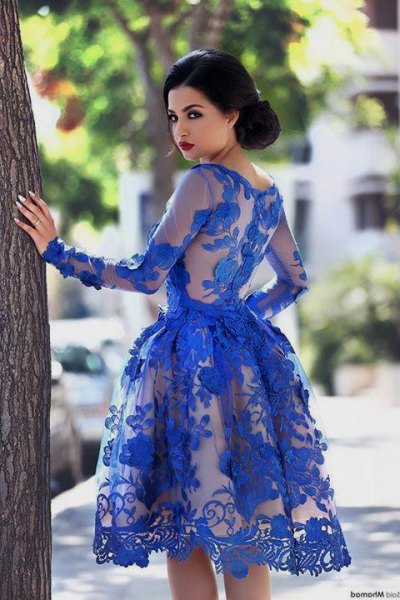Royal blue knee length semi-sheer lace dress with fit and flair