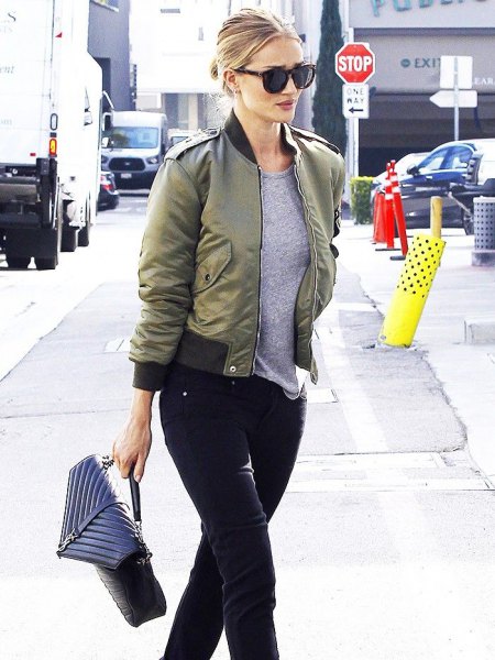 Aviator jacket with a gray t-shirt and black slim-fit jeans