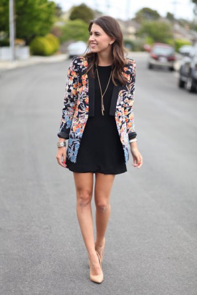 Floral print blazer and black mini skater skirt