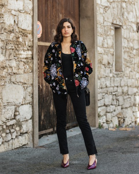Floral velvet bomber jacket with black ankle jeans
