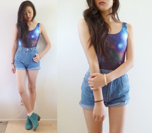 Galaxy print fitted tank top and high waisted vintage blue denim shorts