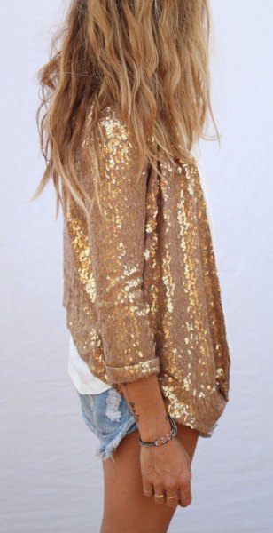 Oversized shirt with gold sequins and mini denim shorts