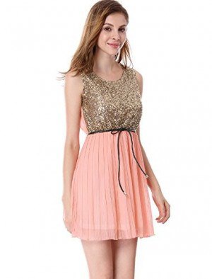 Gold sequin tank top with soft pink pleated mini chiffon skirt