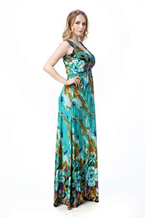 Flowing floor length silk dress with green and pink floral print