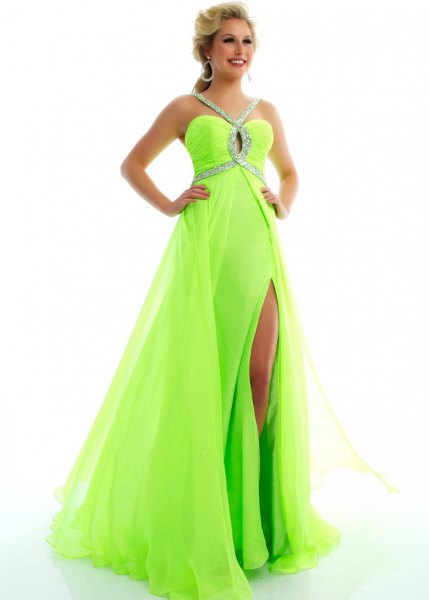 Flowy maxi prom dress in green and silver sequined chiffon with a high slit