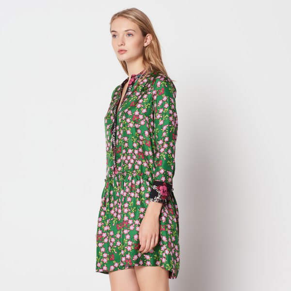 Green and white floral print long sleeve mini dress