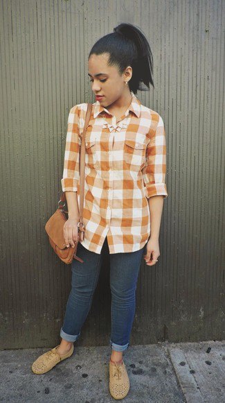 Green and white plaid shirt, dark blue cuffed skinny jeans and suede oxford shoes