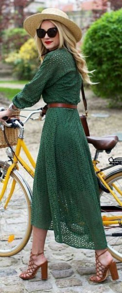 Green long sleeve belted midi dress with straw hat
