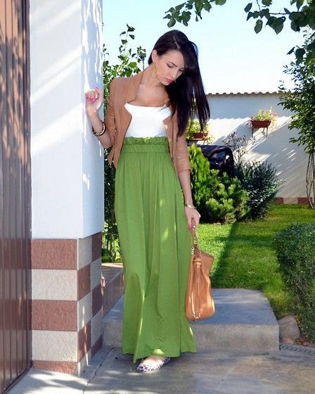 Green blazer with white top and high waisted maxi skirt