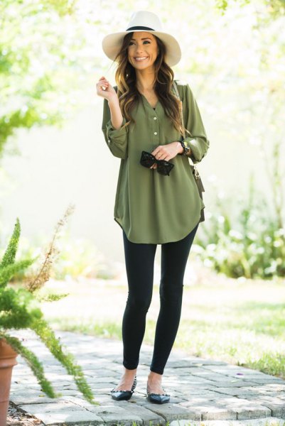 Elegant green chiffon tunic blouse with buttons and black leggings