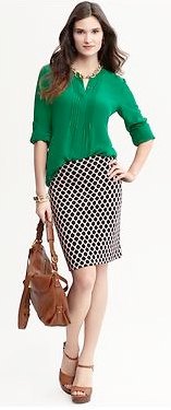 Green chiffon blouse with a checked pencil skirt