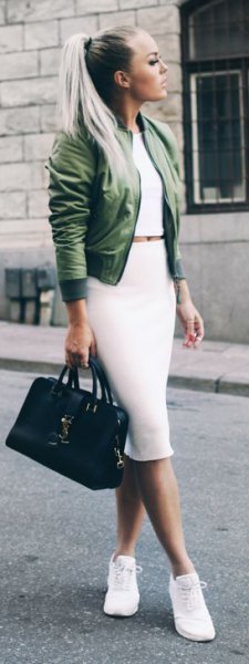 green jacket with white two-piece midi dress