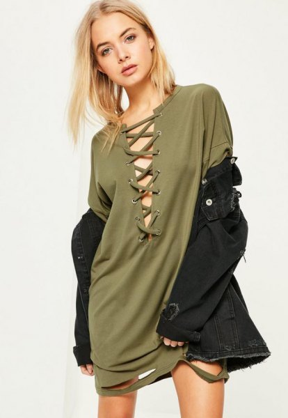 Green distressed t-shirt dress with tie front and black denim jacket